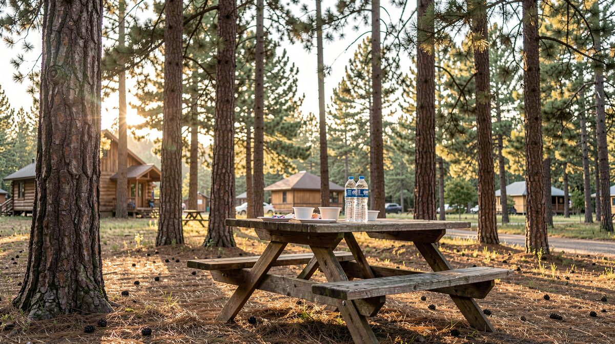 A wooden picnic table under tall pine trees at a summer camp, paper plates and water bottles on the table, late afternoon sunlight through the branches, wide shot with no people in frame.