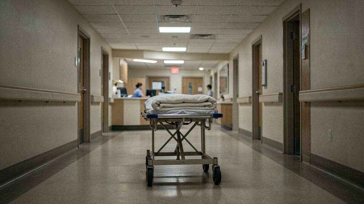 A hospital corridor at night, a rolling stretcher with a folded blanket passing under fluorescent ceiling lights, a nurse's station blurred in the background, shot from a low angle.