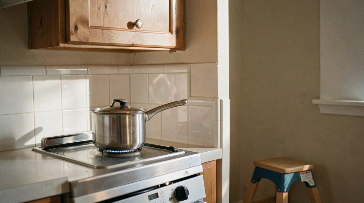 A kitchen counter at eye level in the late afternoon, a pot handle turned toward the wall on a back burner, a locked cabinet above, and a small child's step stool pushed to the side.