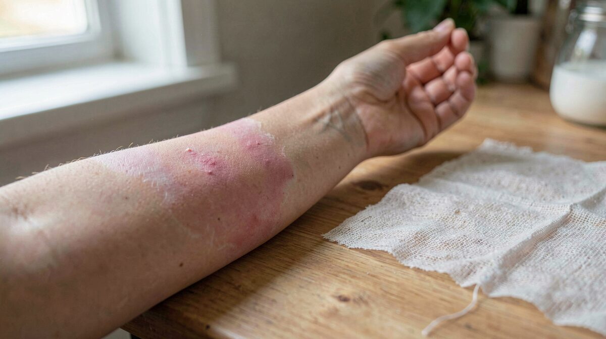 A close-up of a forearm with a healing partial thickness burn, pink new skin at the edges and a thin gauze dressing nearby on a kitchen table, soft window light from the left, shallow depth of field.
