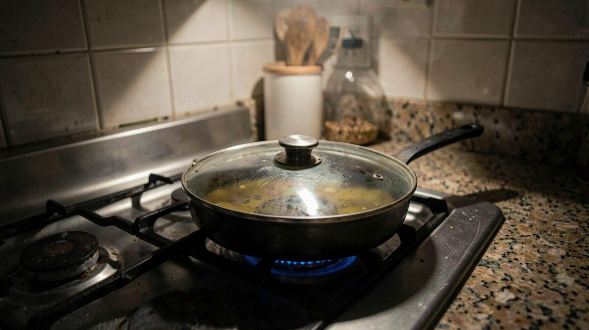 A home kitchen stovetop at night, a metal lid resting on a pan of oil, burner off, overhead light casting a hard shadow across the counter.