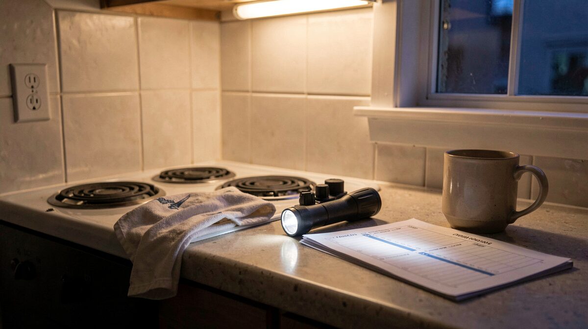 A kitchen counter at dusk with a folded dish towel resting against the base of an electric coil burner, a flashlight and a printed checklist on the counter beside a coffee mug, warm overhead light, medium shot from the doorway.