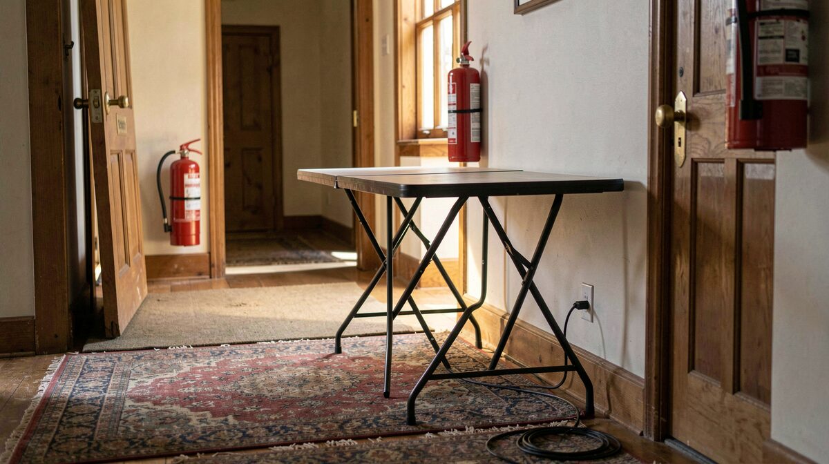 A folding table in a church hall corridor with an extension cord running under a rug toward a wall outlet, a red fire extinguisher mounted beside a propped exit door, late afternoon light through a tall window.