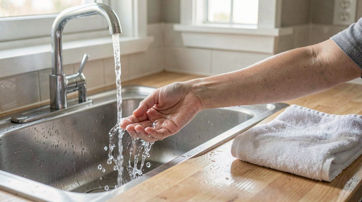 A kitchen sink with cool water running over a forearm, a wet sleeve pushed up above the wrist, a folded clean towel on the counter, morning light from a window.