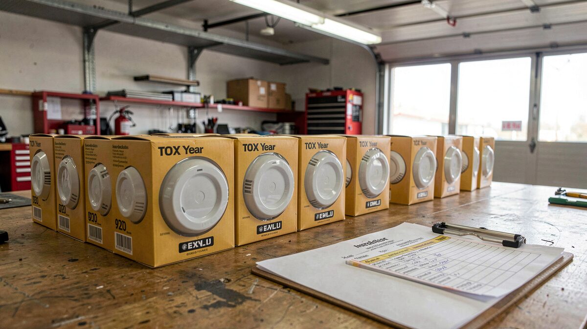 A row of sealed ten year smoke alarms on a fire station workbench, still in their boxes, beside a clipboard with an installation list, lit by overhead garage light, shot from a slight angle.