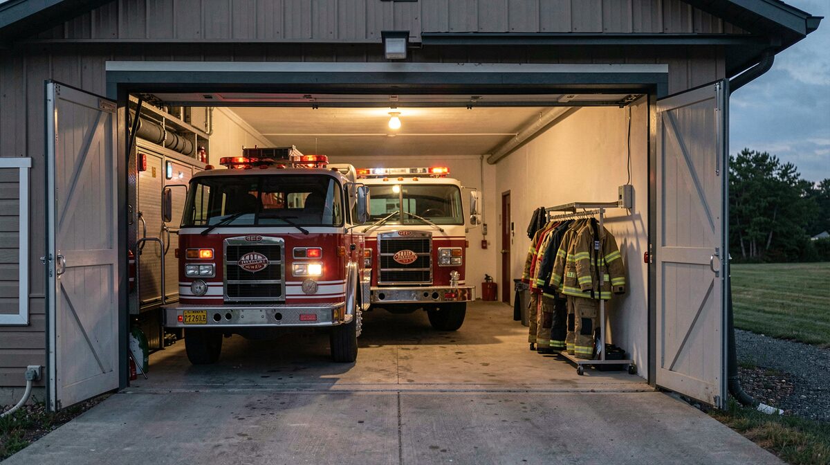 A small volunteer fire station bay at dusk, one pumper parked inside, turnout gear hanging on a rack beside the truck, bay doors open, warm light from a single overhead fixture, wide shot from the apron.